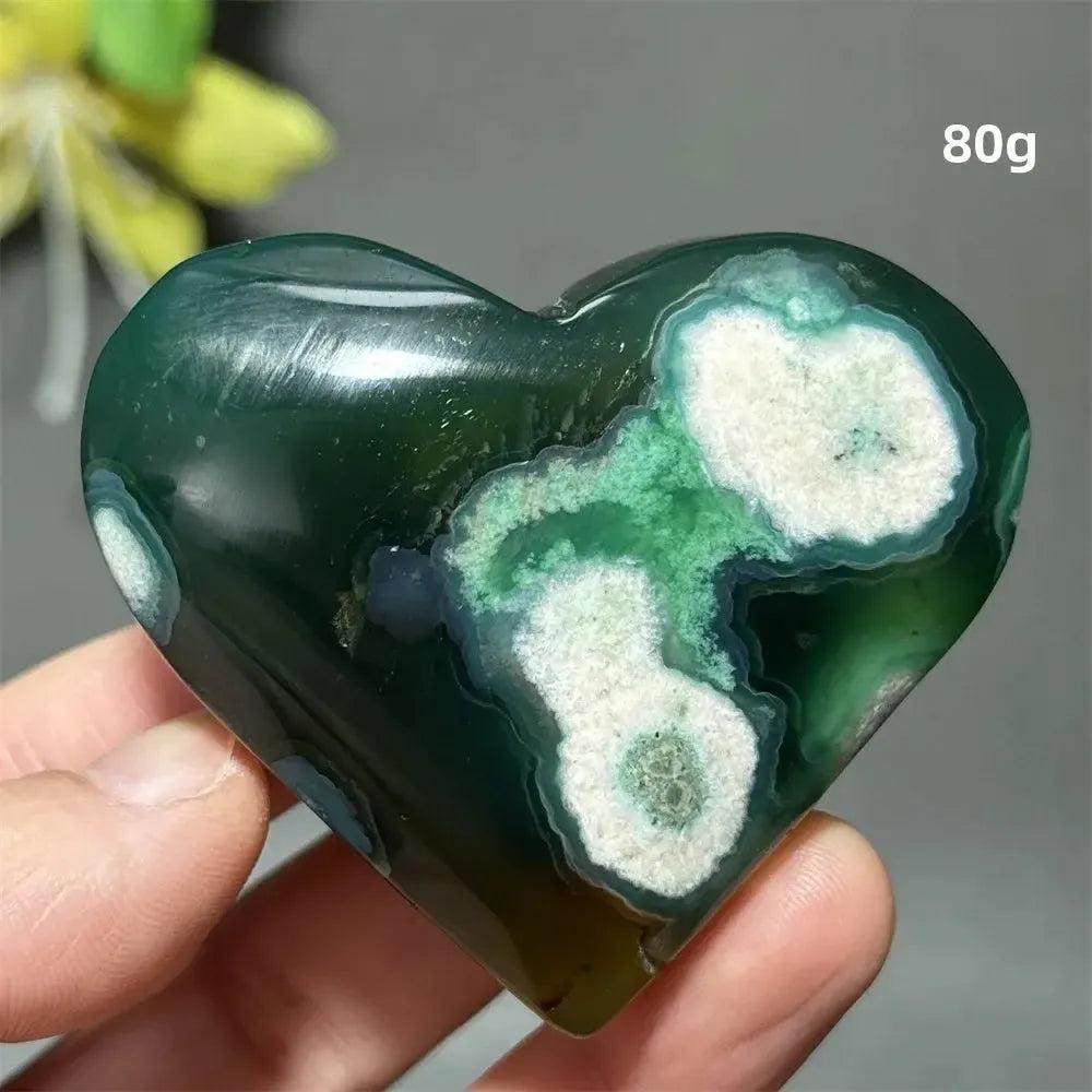 Green Cherry Agate Crystal Heart: Polished, dark green heart-shaped stone with white and mint flower-like plumes.