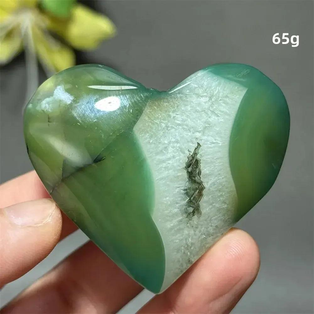 Green Cherry Agate Crystal Heart: Polished, heart-shaped stone with soft green hues and unique flower-like patterns.