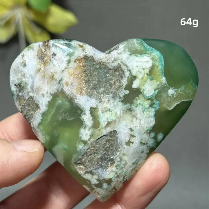 Green Cherry Agate Crystal Heart, 64g, showcasing soft green hues with white flower-like plumes for growth and self-love.