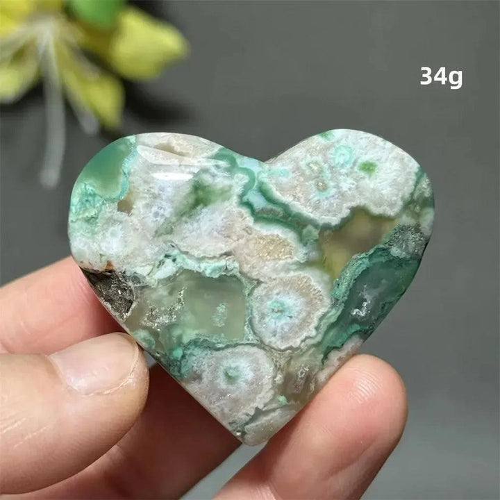 Green Cherry Agate Crystal Heart, 34g, with delicate flower-like plumes and cherry blossom patterns.