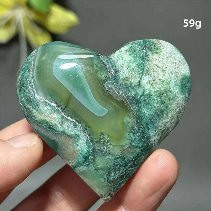 Green Cherry Agate Crystal Heart: Polished, heart-shaped stone with mint to sage hues, flower-like plumes, 59g.