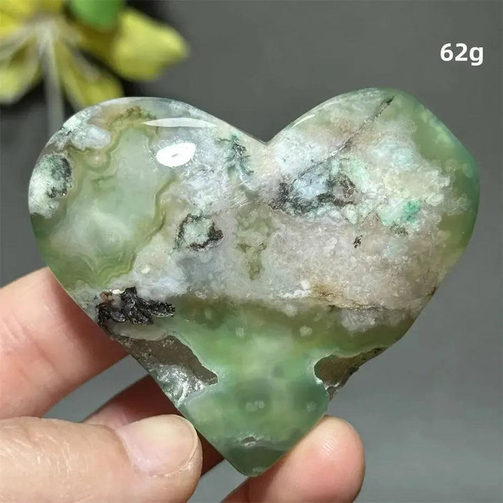 Green Cherry Agate Crystal Heart: Polished heart-shaped stone with soft green hues and unique flower-like patterns.