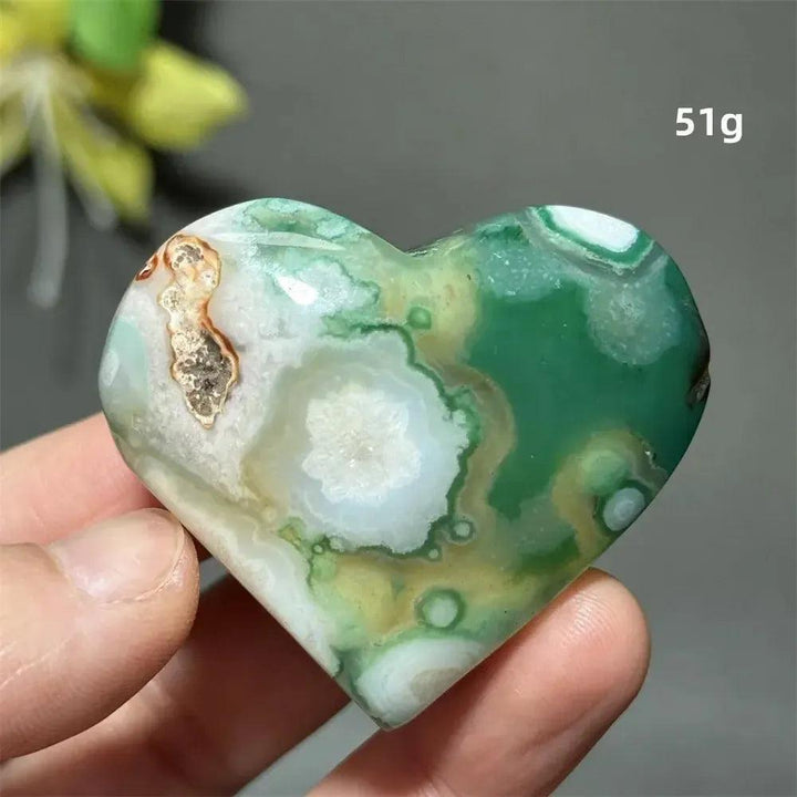 Green Cherry Agate Crystal Heart, 51g, with delicate flower-like plumes and cherry blossom patterns, for growth and self-love.