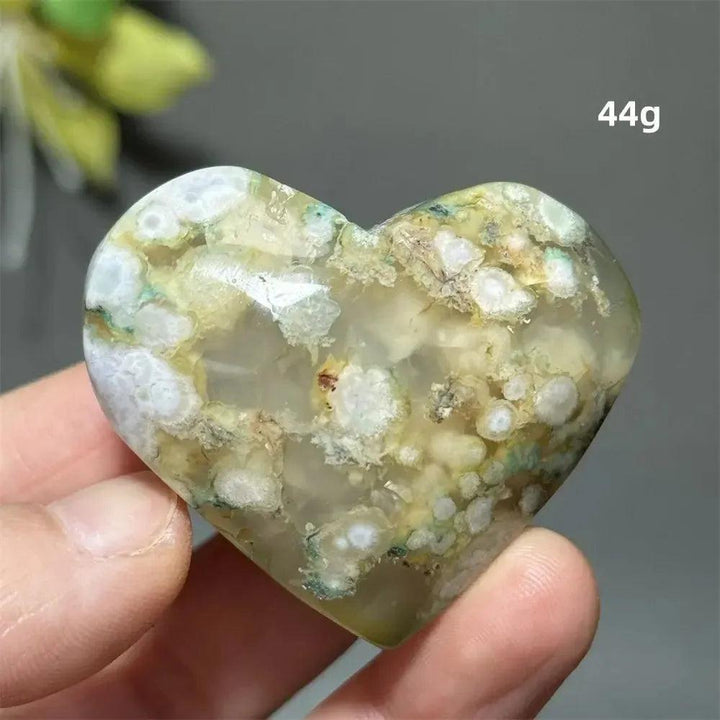 Green Cherry Agate Crystal Heart, 44g, with delicate flower-like plumes and cherry blossom patterns, for growth and self-love.