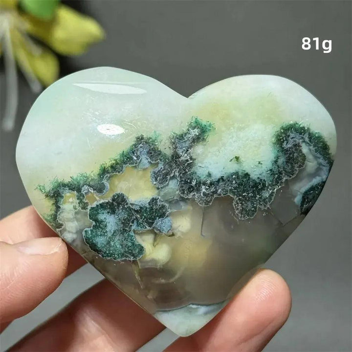 Green Cherry Agate Crystal Heart, 81g, with delicate flower-like plumes and cherry blossom patterns, for growth and self-love.