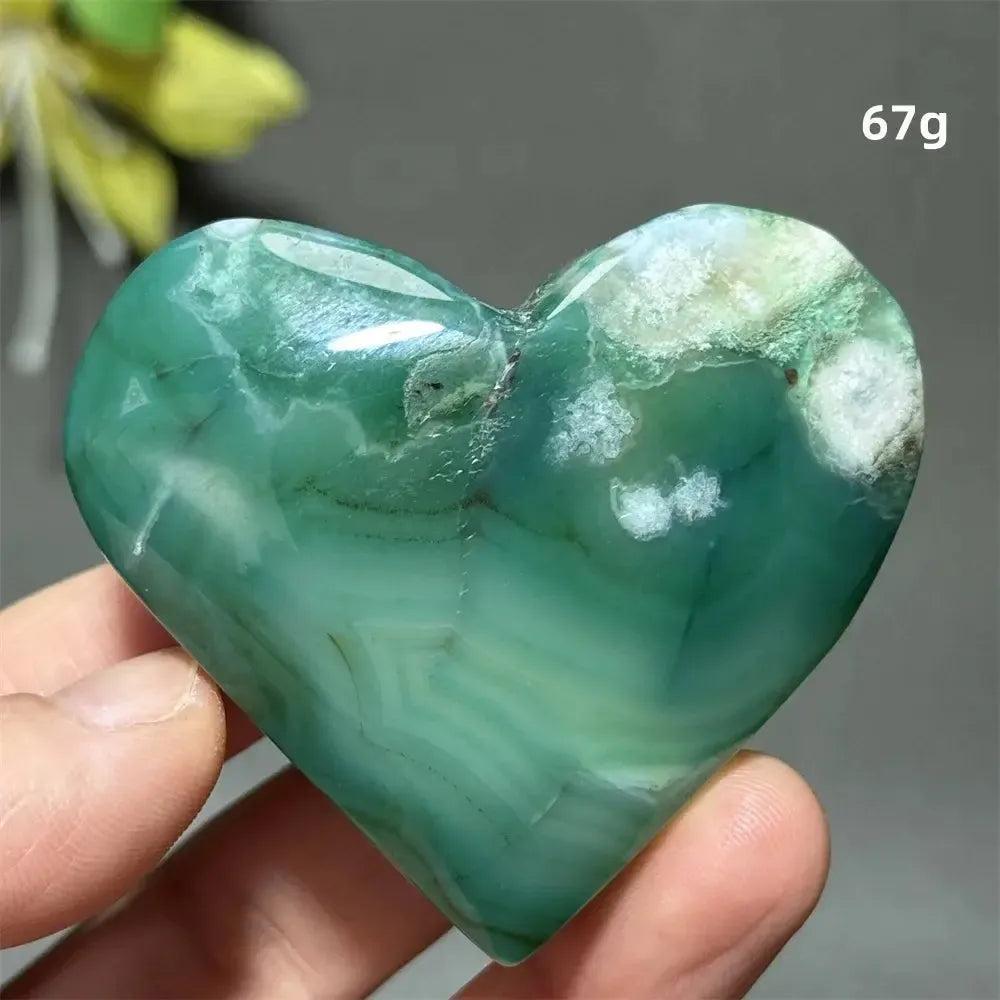 Polished Green Cherry Agate Crystal Heart, 67g, with delicate flower-like plumes for growth and self-love.