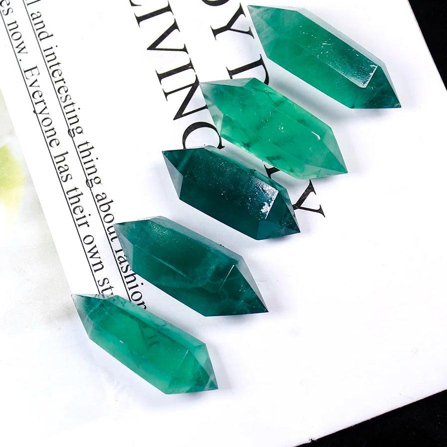 Green Fluorite Crystal Double Terminated Point for mental clarity and calm. Five vibrant green crystal columns.