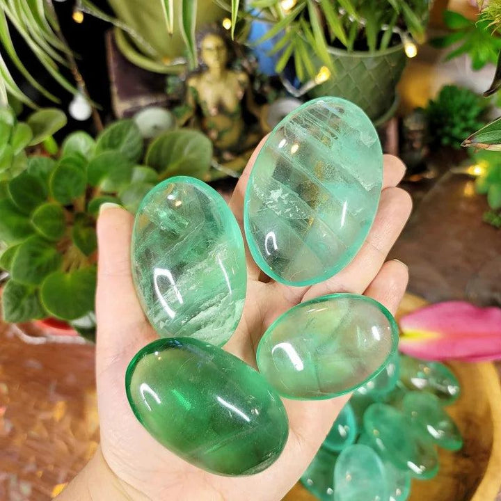 Polished green fluorite palm stones held in hand, showcasing natural translucent healing crystals.