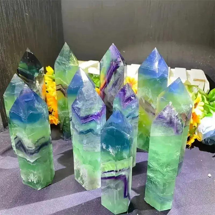 Green Fluorite Crystal Tower Obelisks, hand-polished with natural green, blue, and purple banding for mental clarity.