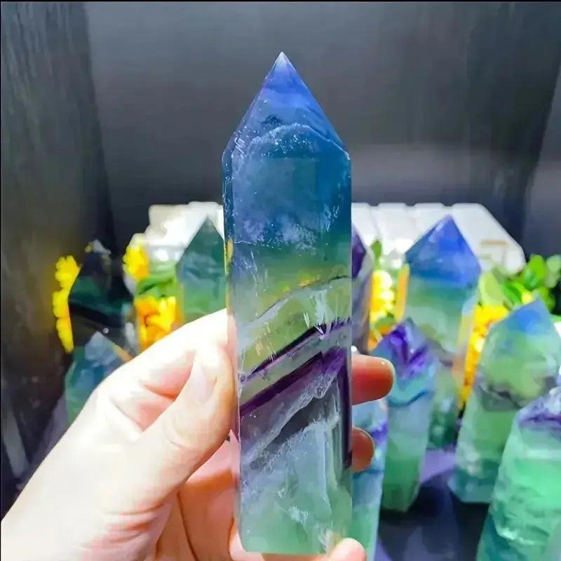 Hand-polished Green Fluorite Crystal Tower Obelisk, showing vibrant green, blue, and purple bands for clarity and balance.
