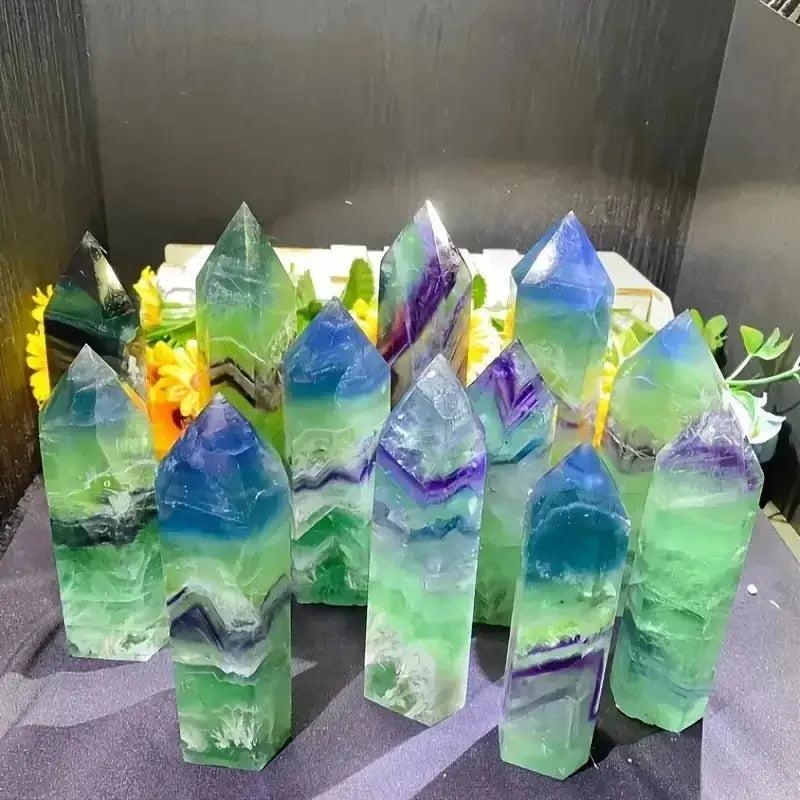 Vibrant Green Fluorite Crystal Tower Obelisks, hand-polished with natural banding for mental clarity and focus.