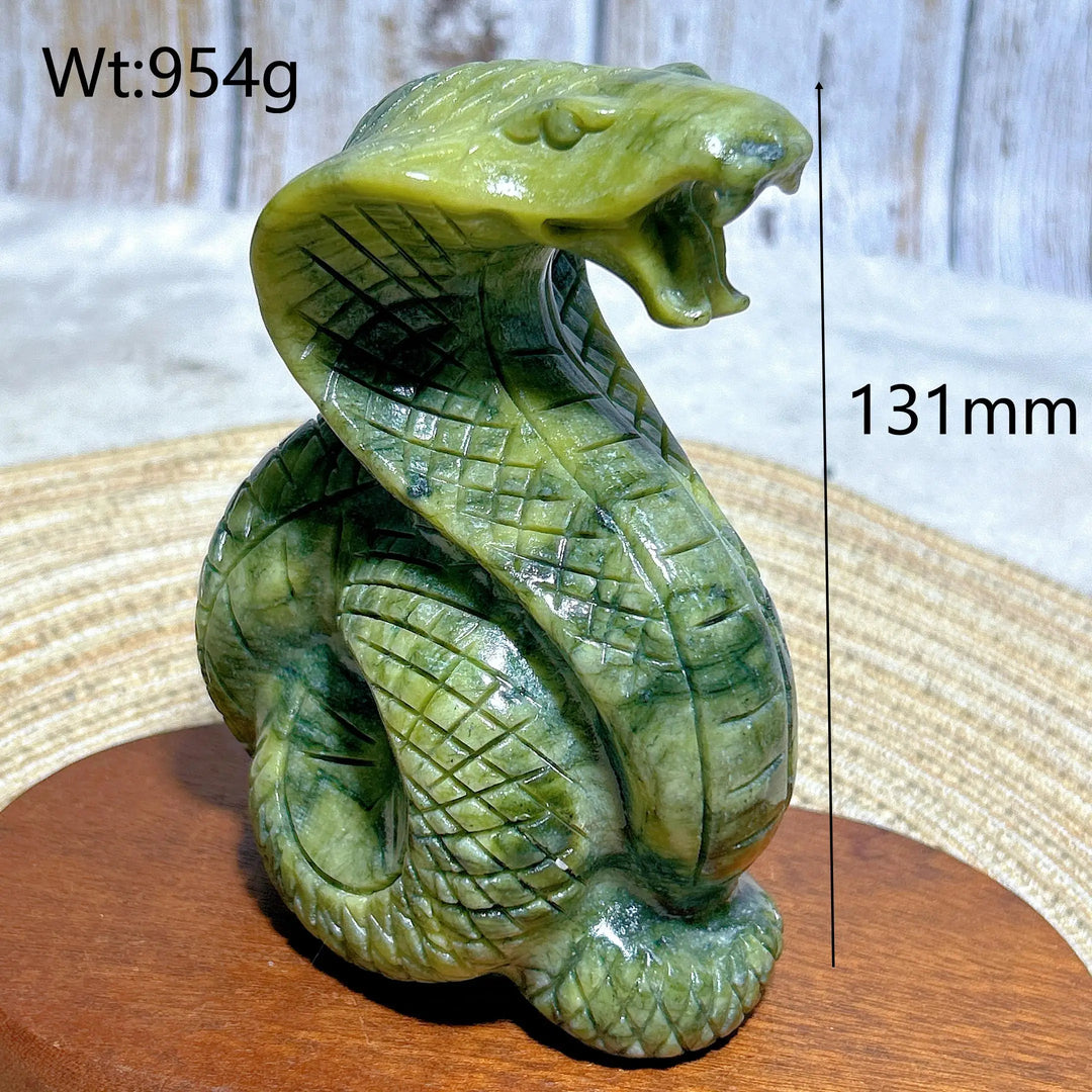 Hand-carved green jasper cobra sculpture, 131mm tall, grounding crystal for heart and root chakra energy.
