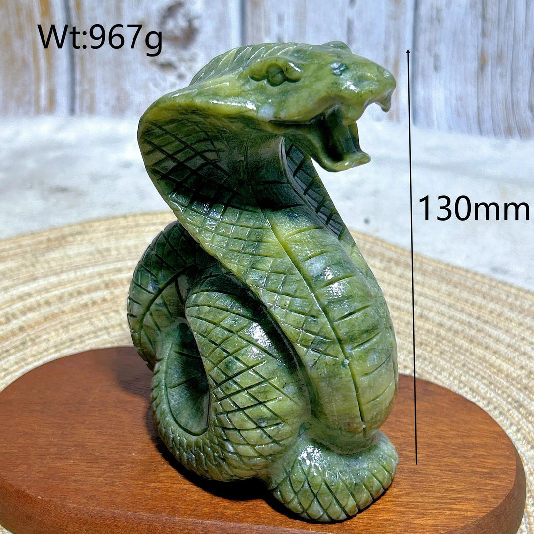 Green Jasper Crystal Carved Striking Cobra, a 130mm grounding stone sculpture for heart and root chakra healing.