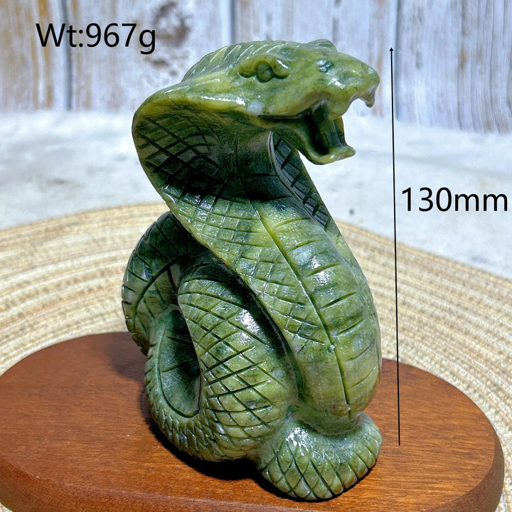 Green Jasper Crystal Carved Striking Cobra, a 130mm grounding stone sculpture for heart and root chakra healing.