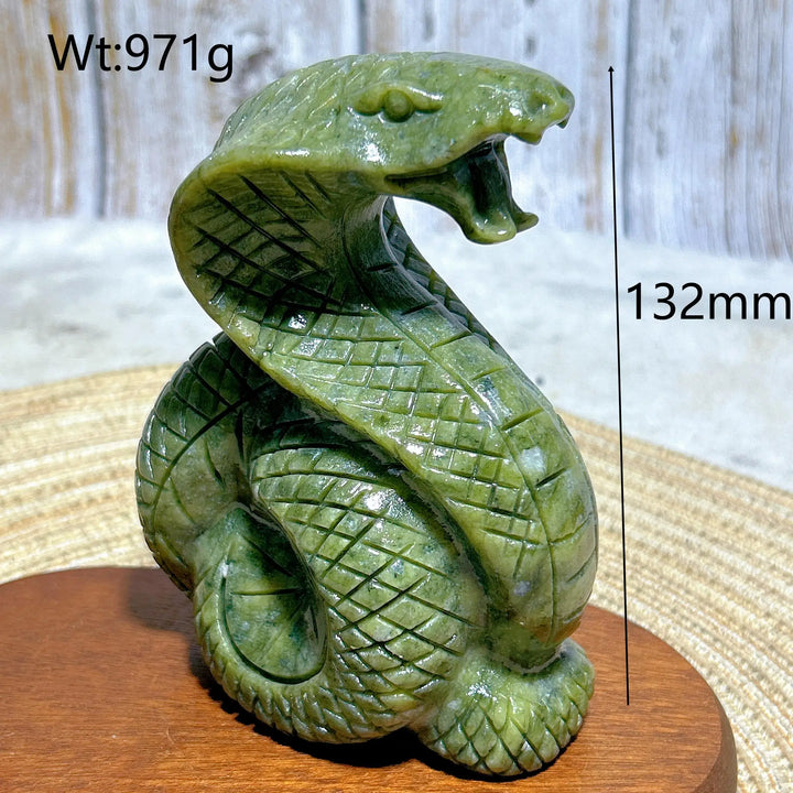 Green Jasper Crystal Carved Striking Cobra, a 132mm grounding stone sculpture for heart and root chakra healing.