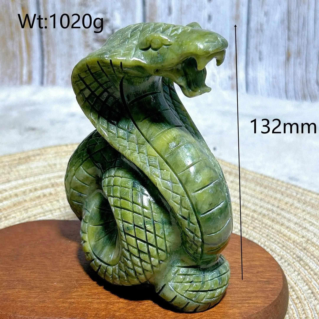 Hand-carved green jasper cobra statue, 132mm tall, grounding crystal sculpture for heart and root chakra healing.