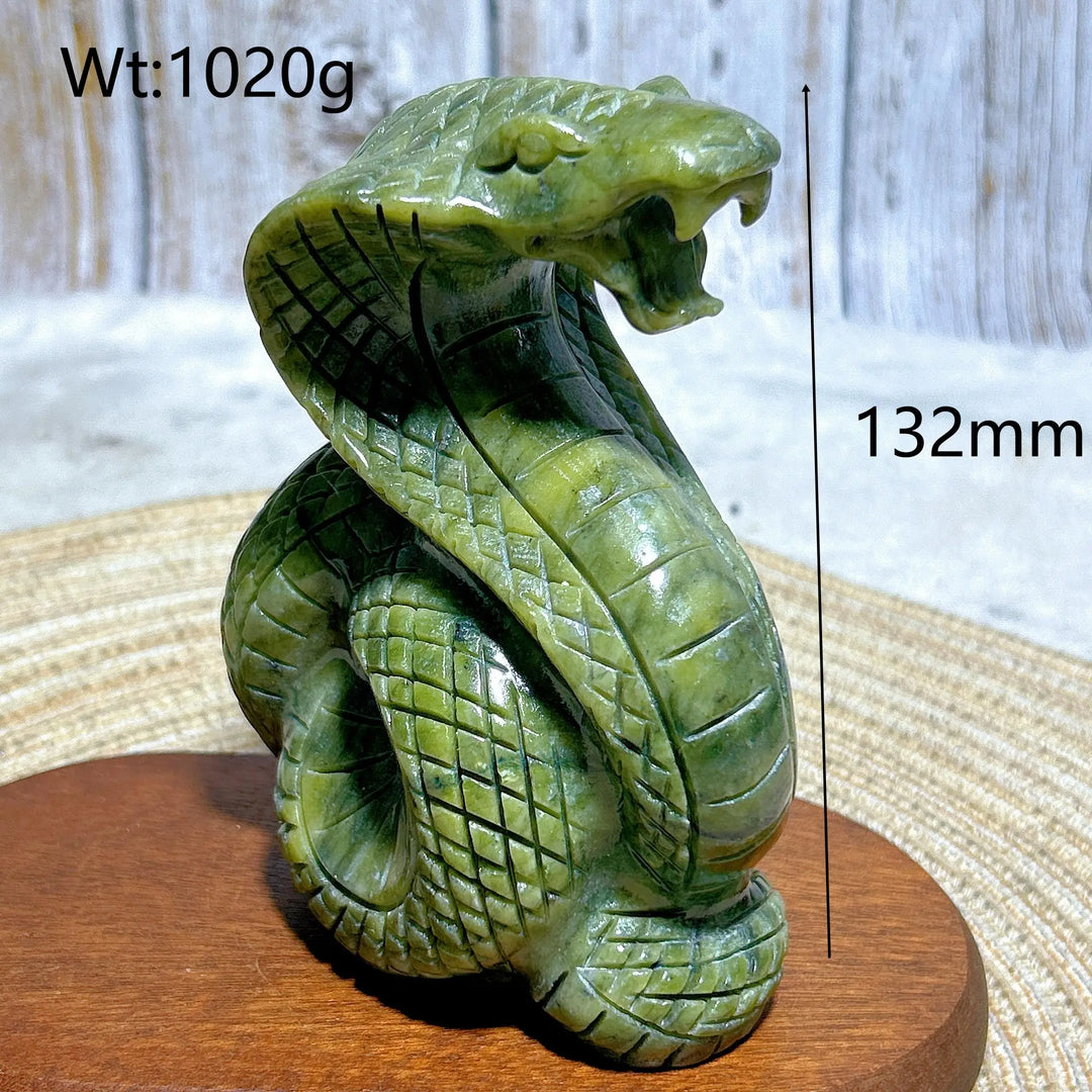 Hand-carved green jasper cobra statue, 132mm tall, grounding crystal sculpture for heart and root chakra healing.