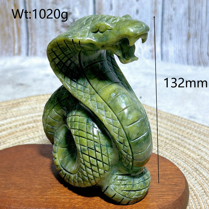 Hand-carved green jasper cobra statue, 132mm tall, grounding crystal sculpture for heart and root chakra healing.