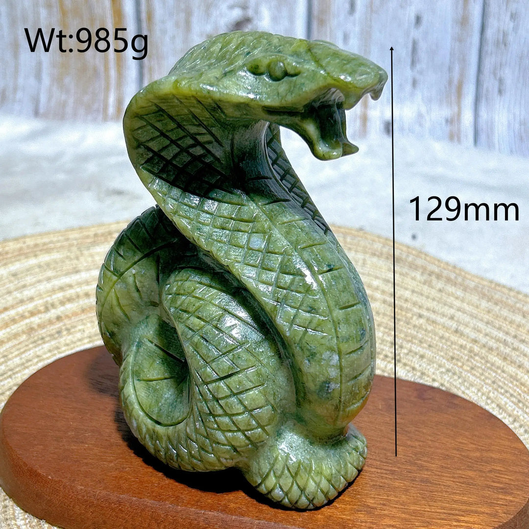 Hand-carved 129mm Green Jasper cobra sculpture, a grounding crystal for heart and root chakra healing and protection.