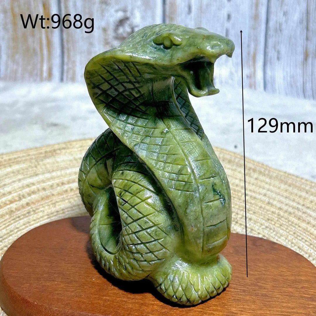 Green Jasper Crystal Carved Striking Cobra, a 129mm grounded stone sculpture for heart chakra healing and protection.