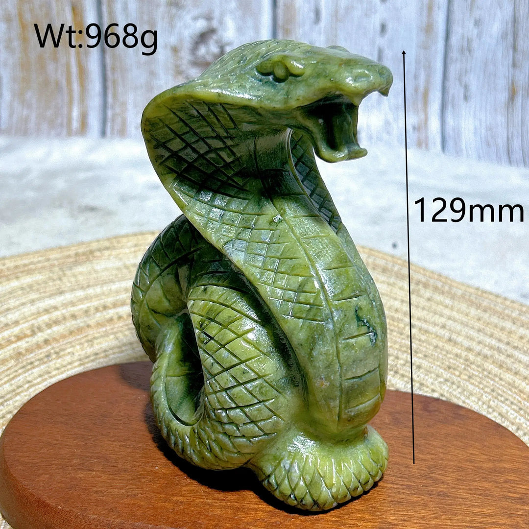 Green Jasper Crystal Carved Striking Cobra, a 129mm grounded stone sculpture for heart chakra healing and protection.
