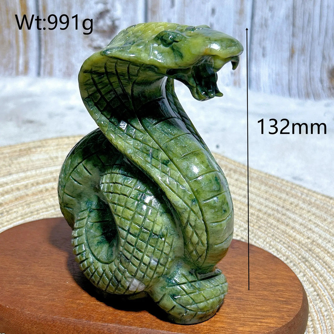 Green Jasper Crystal Carved Striking Cobra, a 132mm grounding stone sculpture for Heart and Root Chakra healing.