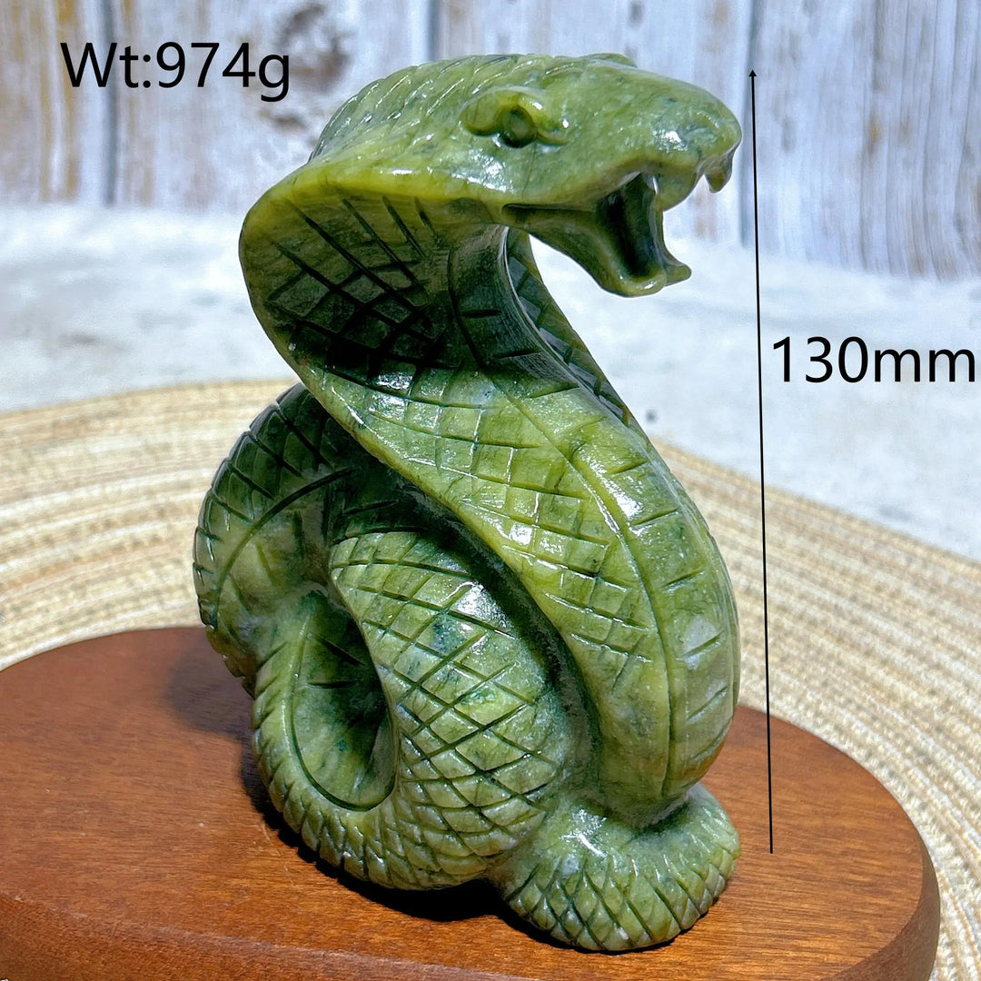 130mm Green Jasper Crystal Carved Striking Cobra, a grounding, hand-carved serpent sculpture for heart chakra healing.