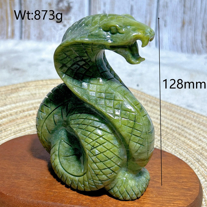 Green Jasper Crystal Carved Striking Cobra, 128mm tall, a grounding, hand-carved serpent for heart and root chakra healing.