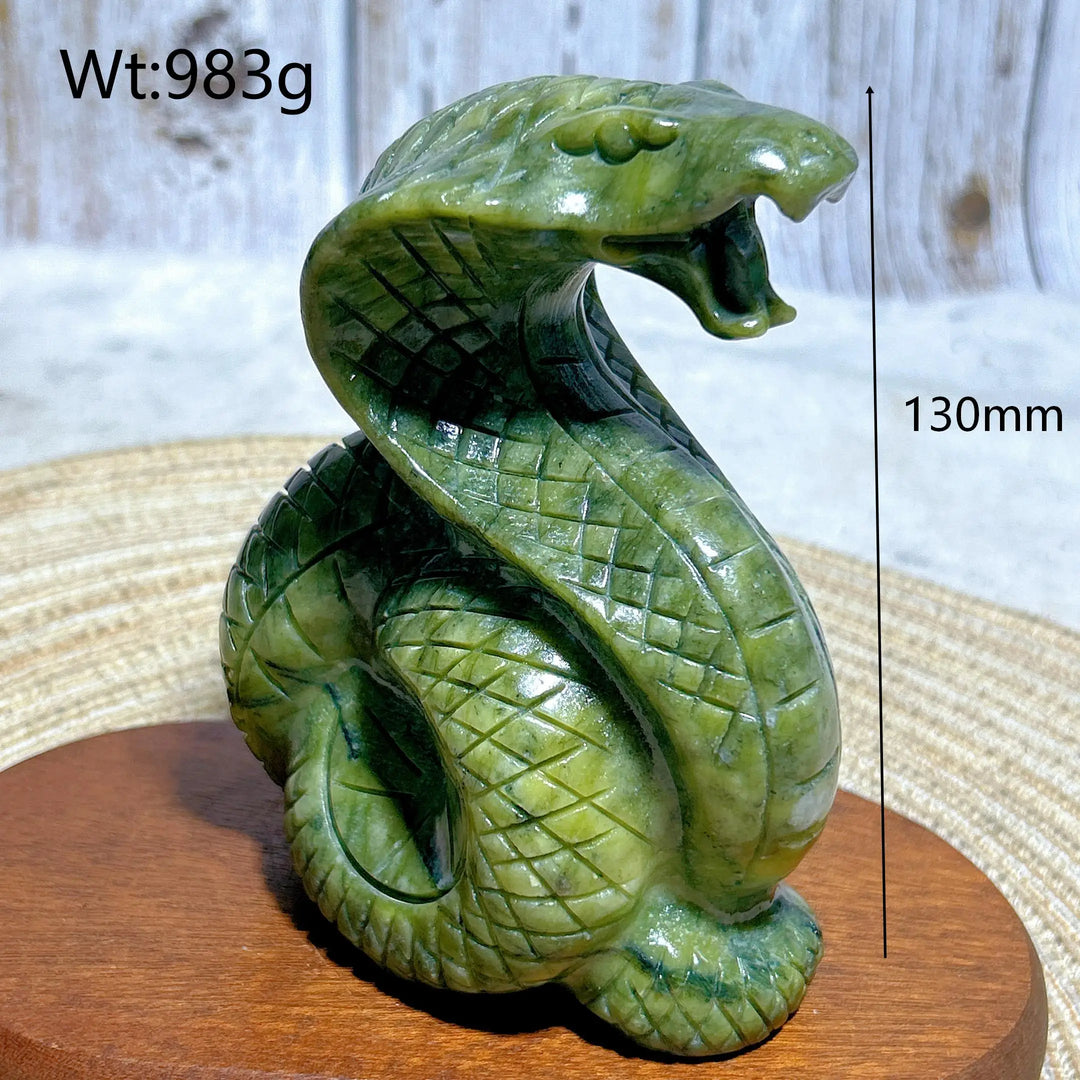 Green jasper crystal carved striking cobra, 130mm tall, grounding heart chakra sculpture for meditation and protection.
