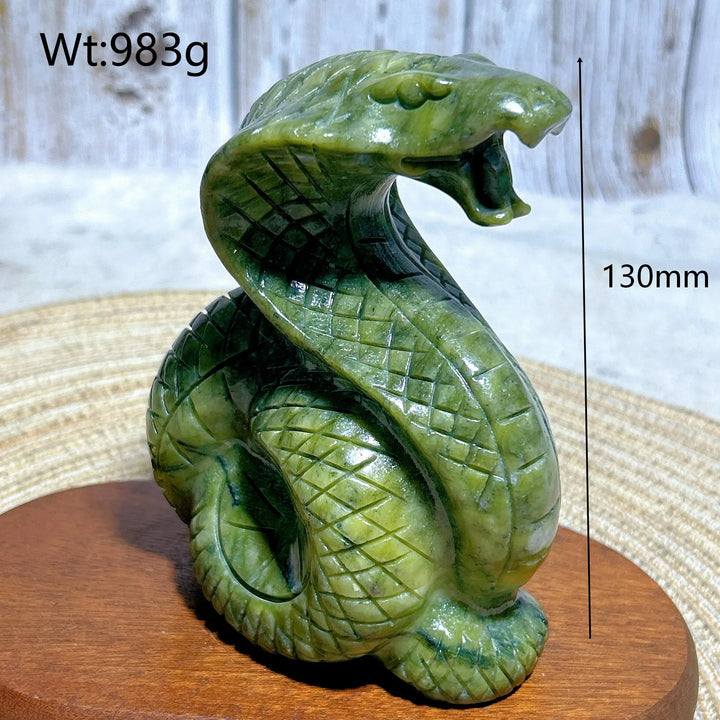 Green jasper crystal carved striking cobra, 130mm tall, grounding heart chakra sculpture for meditation and protection.