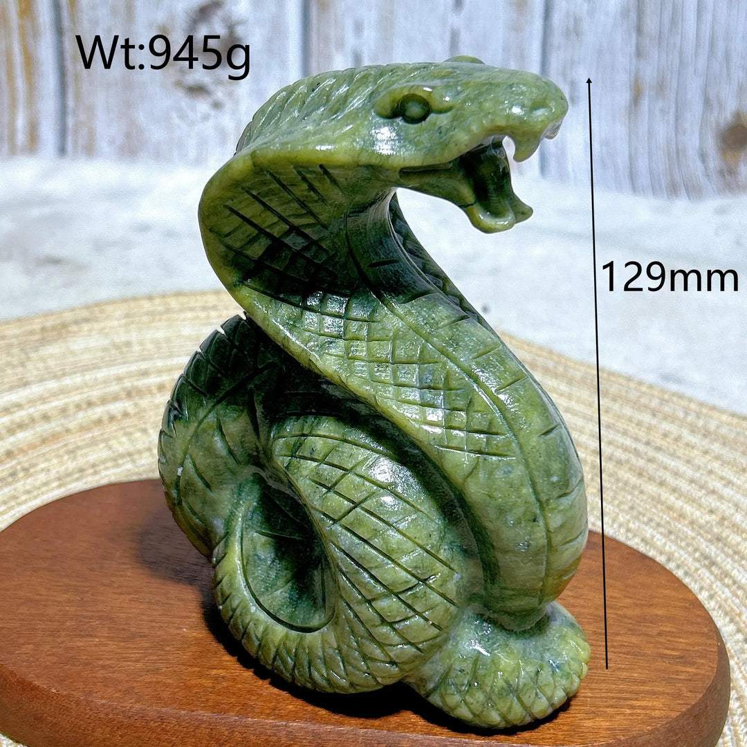 Green jasper crystal cobra carving, 129mm tall, 945g, featuring detailed scales for grounding and heart chakra healing.