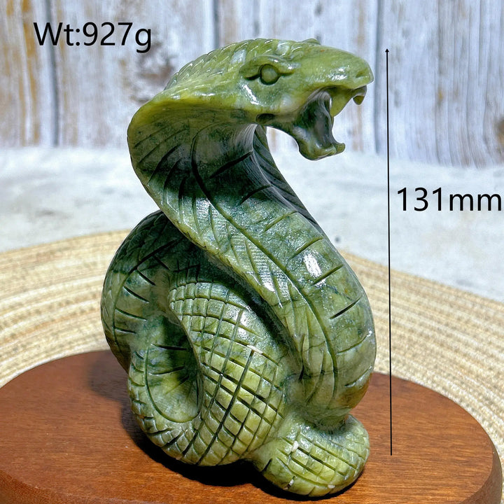 Hand-carved green jasper cobra statue, 131mm tall, grounding crystal sculpture for heart and root chakra healing.