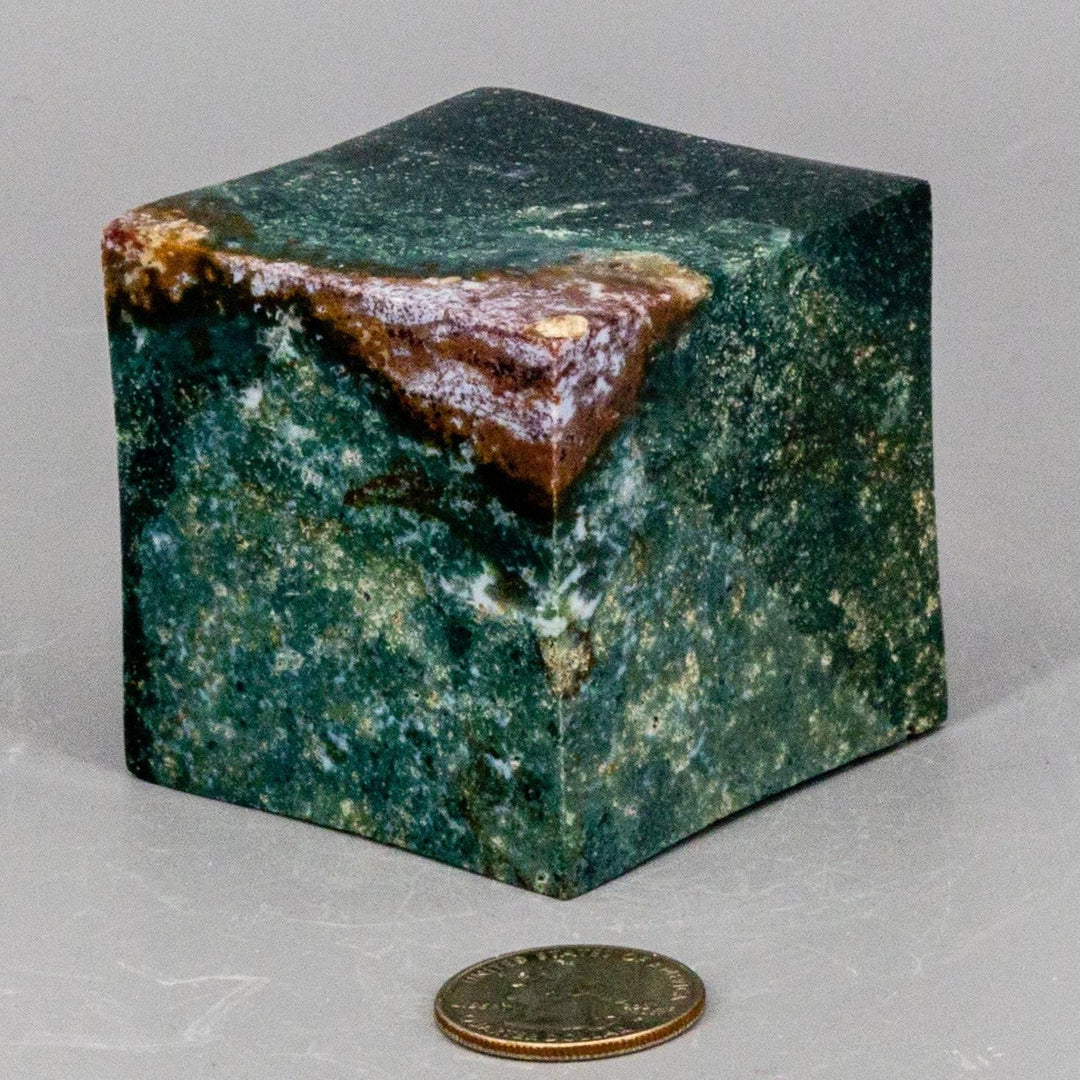 Green Jasper Cube with Cut Corner, showcasing rich green tones, natural banding, and a grounding energy.