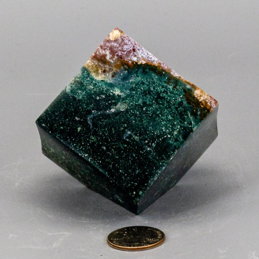 Green Jasper Cube with Cut Corner, showcasing rich green tones, natural banding, and grounding energy.