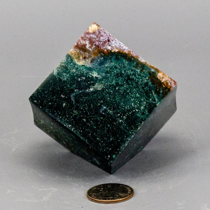 Green Jasper Cube with Cut Corner, showcasing rich green tones, natural banding, and grounding energy.