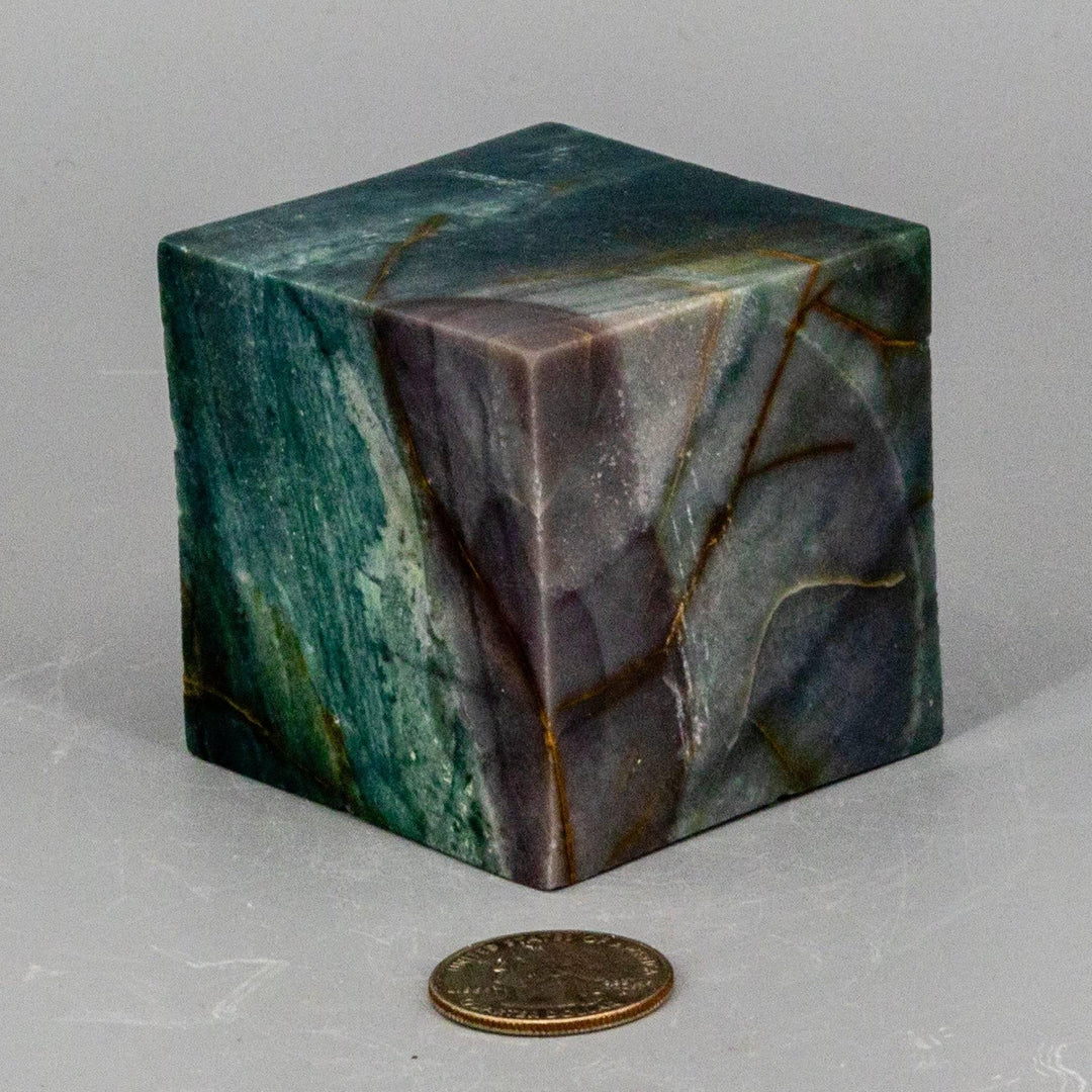 Green Jasper Cube w/t Cut Corner: grounding, nurturing stone with rich, earthy green tones and modern sculptural quality.