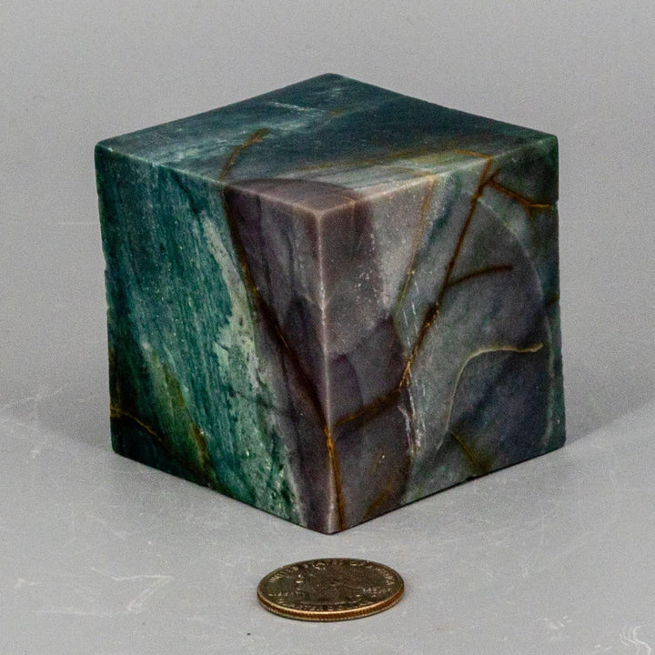 Green Jasper Cube w/t Cut Corner: grounding, nurturing stone with rich, earthy green tones and modern sculptural quality.