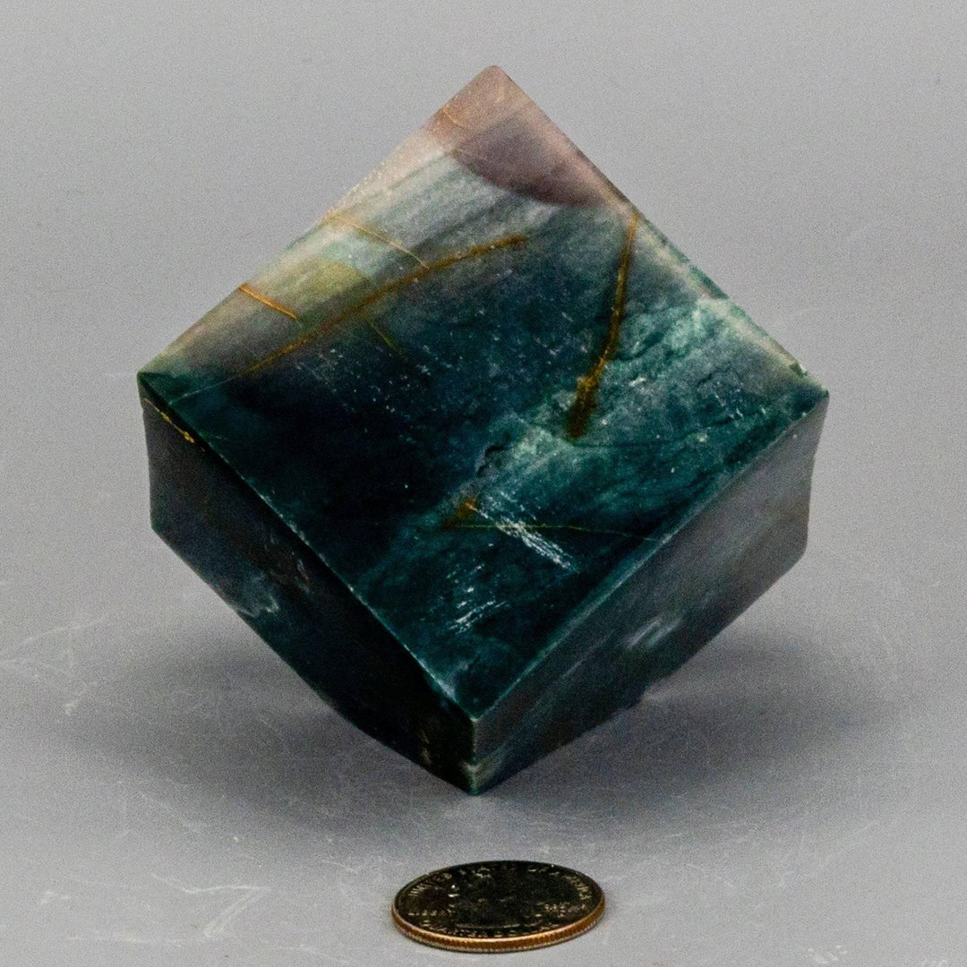 Green Jasper Cube w/t Cut Corner: grounding, nurturing stone with rich, earthy green tones, polished finish.
