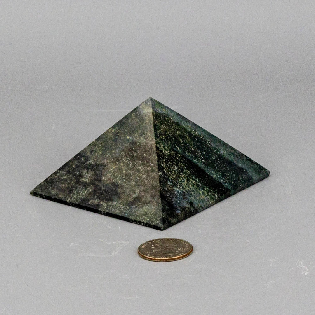 Polished Green Jasper Crystal Pyramid, 83mm, with deep earthy green tones for heart chakra balancing.