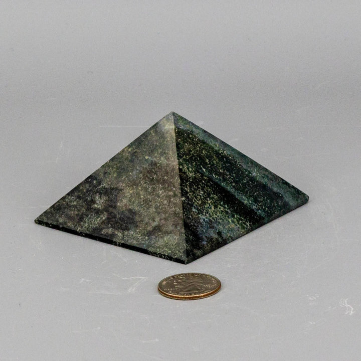 Polished Green Jasper Crystal Pyramid, 83mm, with deep earthy green tones for heart chakra balancing.