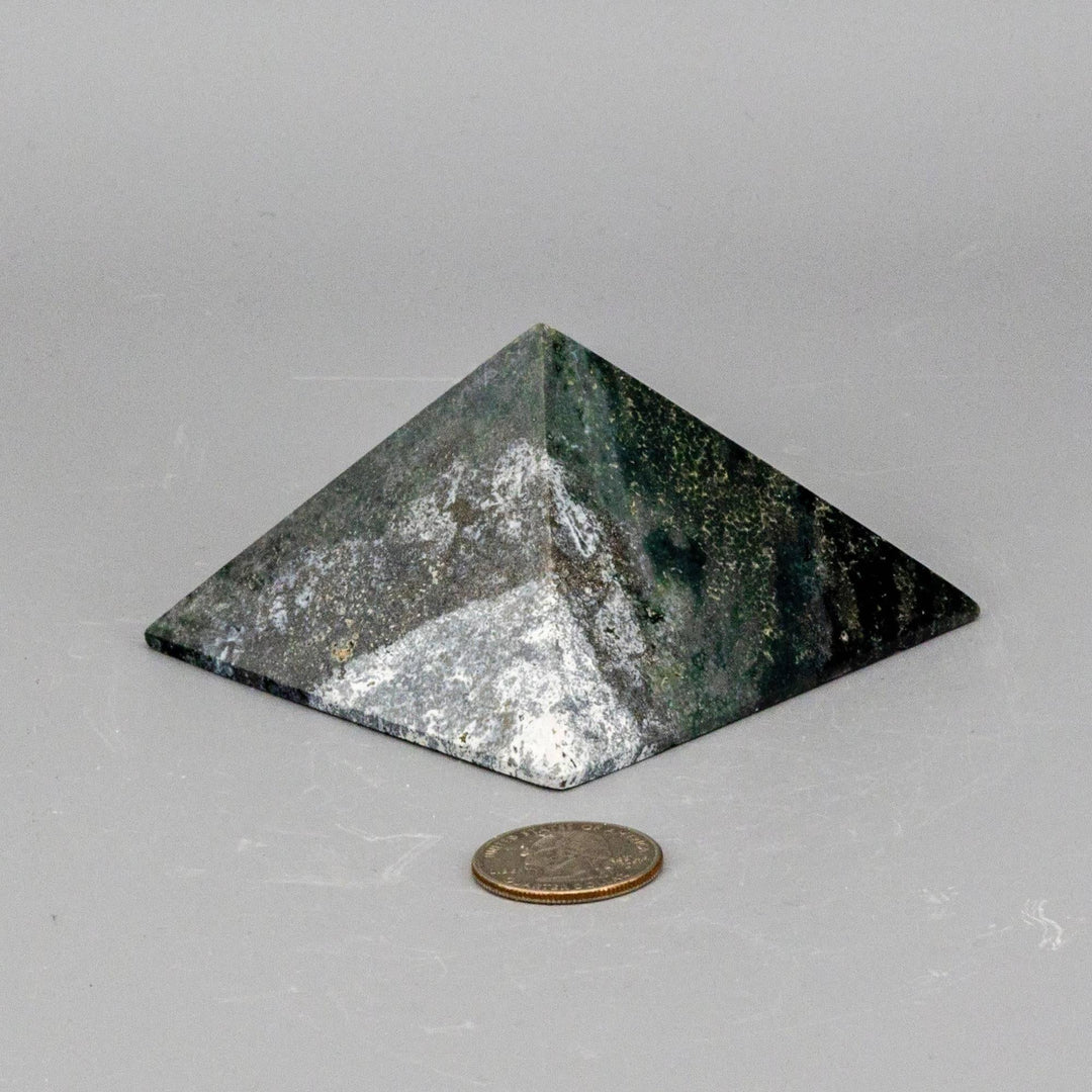 Polished Green Jasper Crystal Pyramid, 83mm, with earthy green tones and natural patterns, grounding heart chakra energy.