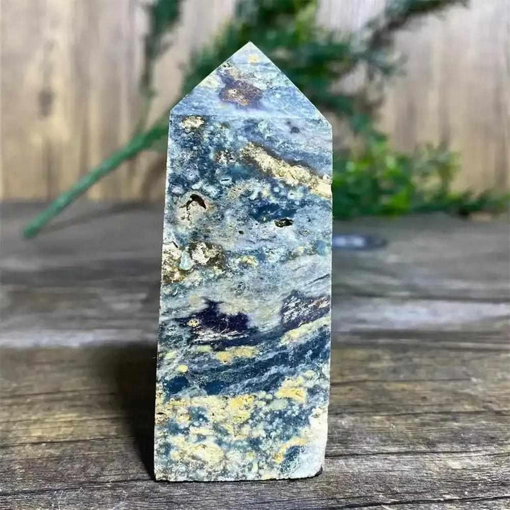 Polished Green Ocean Jasper tower featuring calming green tones and creamy orbs, perfect for Heart Chakra healing.