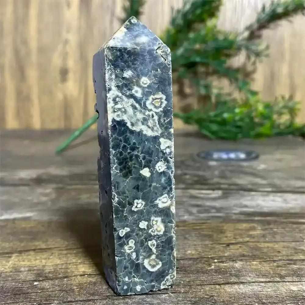 Polished Green Ocean Jasper tower featuring unique creamy orbs and calming energy for heart and throat chakra healing.
