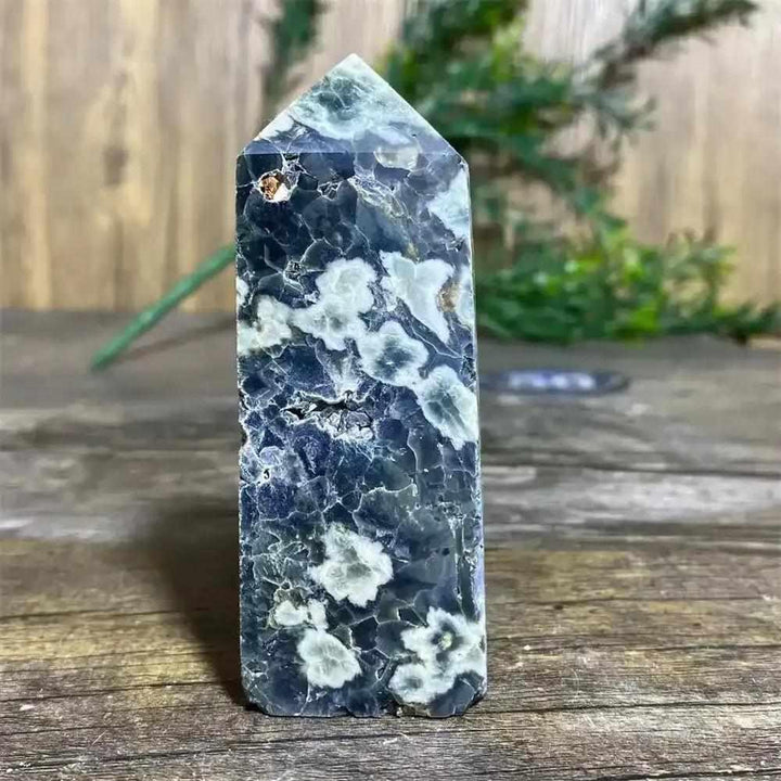 Polished Green Ocean Jasper tower featuring calming green tones and creamy orb patterns for Heart Chakra healing.