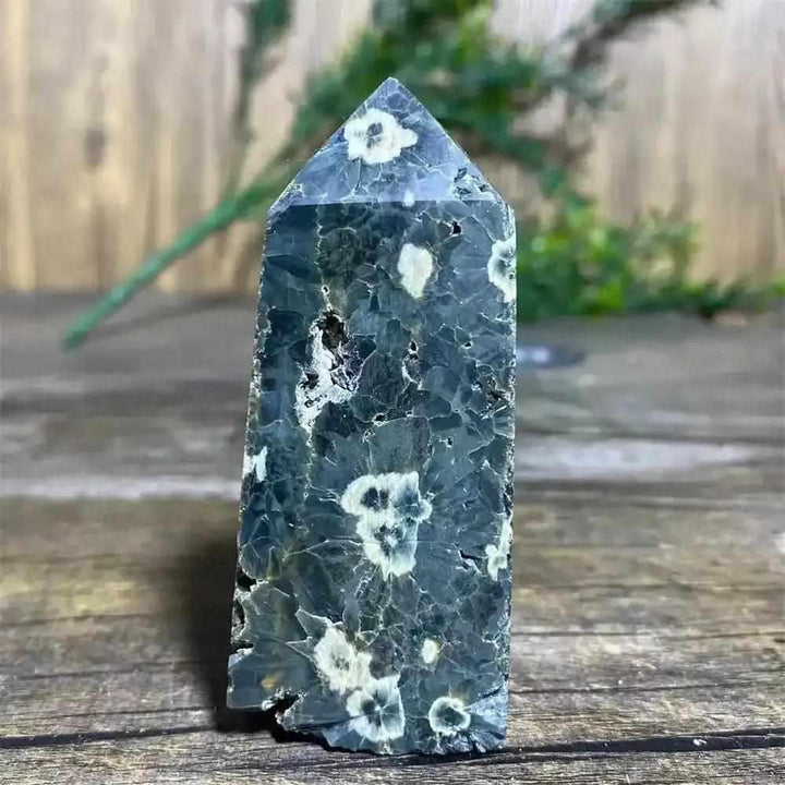 Polished Green Ocean Jasper tower featuring deep green tones and creamy orb patterns for calm, heart-centered energy.