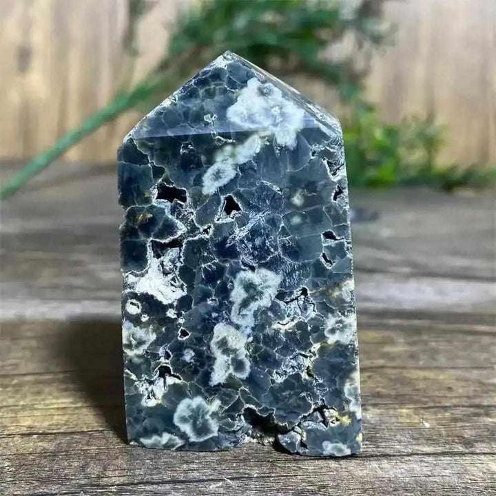 Polished Green Ocean Jasper tower featuring deep green tones, creamy orbs, and natural textures for heart chakra healing.