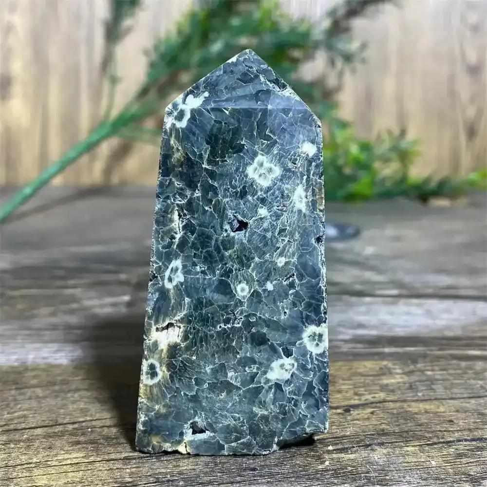 Polished Green Ocean Jasper tower featuring deep green tones and creamy orb patterns for Heart Chakra healing and calm.