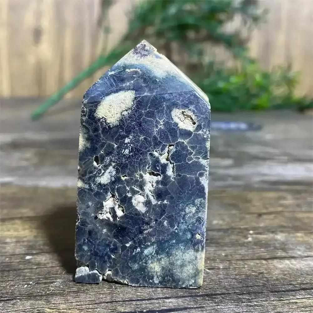 Polished Green Ocean Jasper tower with deep green tones, creamy orbs, and natural swirls for heart chakra healing.