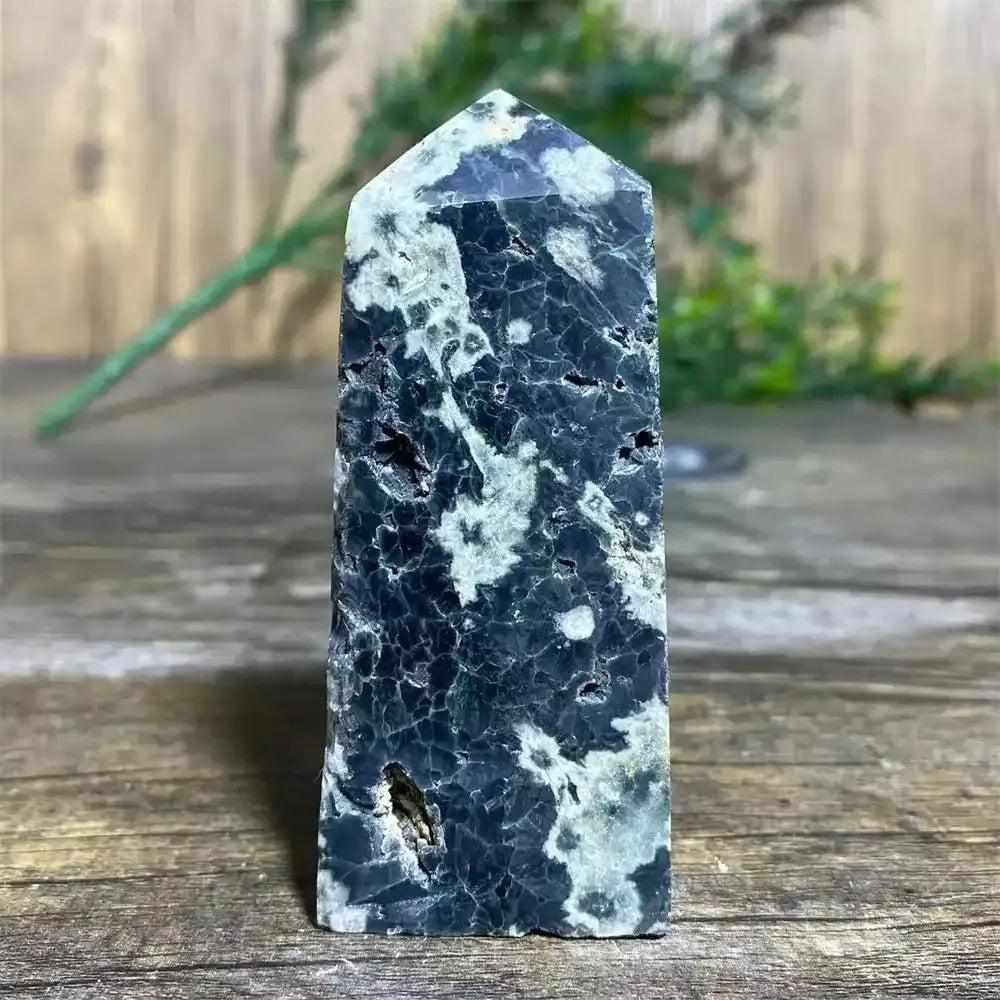 Polished Green Ocean Jasper tower featuring deep green tones, creamy orbs, and swirls for heart chakra healing and calm.