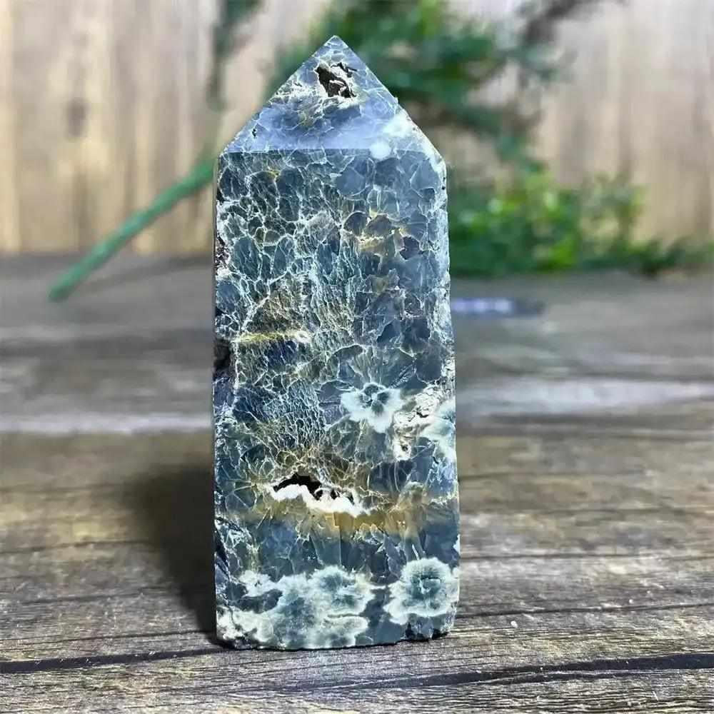 Polished Green Ocean Jasper tower featuring calming green tones, creamy orbs, and unique natural crystal textures.